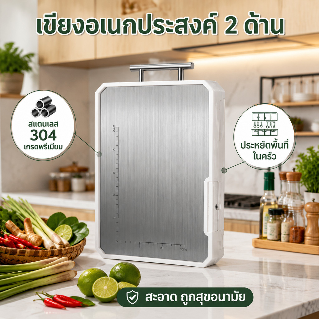 เขียงสแตนเลส304+PP เกรดอาหาร ใช้สองด้าน กันเชื้อรา รูปที่ 5