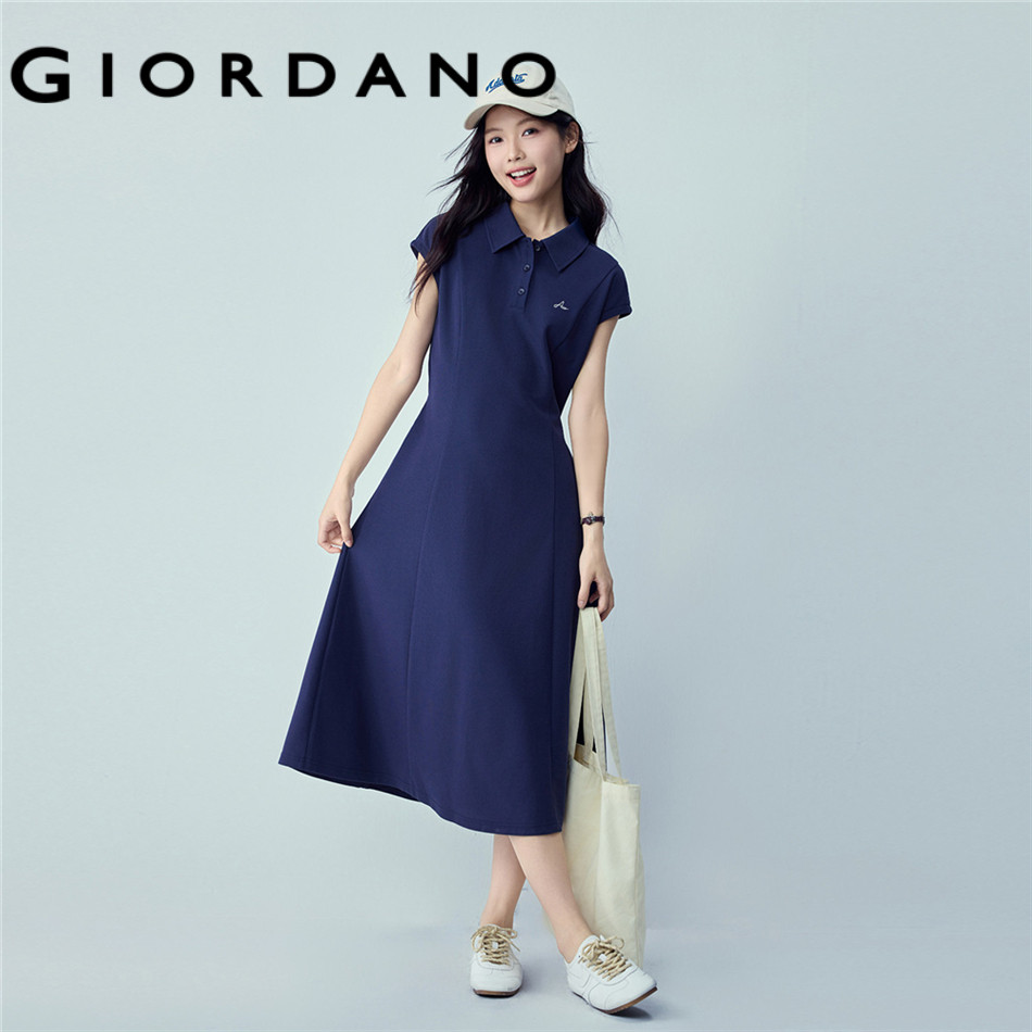 GIORDANO WOMEN Embroidery tie waist cap sleeve polo dress 18466005