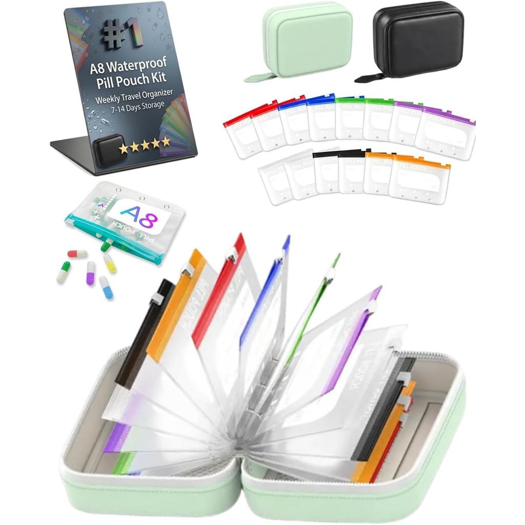 A8WaterproofPillPouchSetTravelOrganizerMedicureStorageCaseWeeklyPortableVitaminSupplementBagsZippere