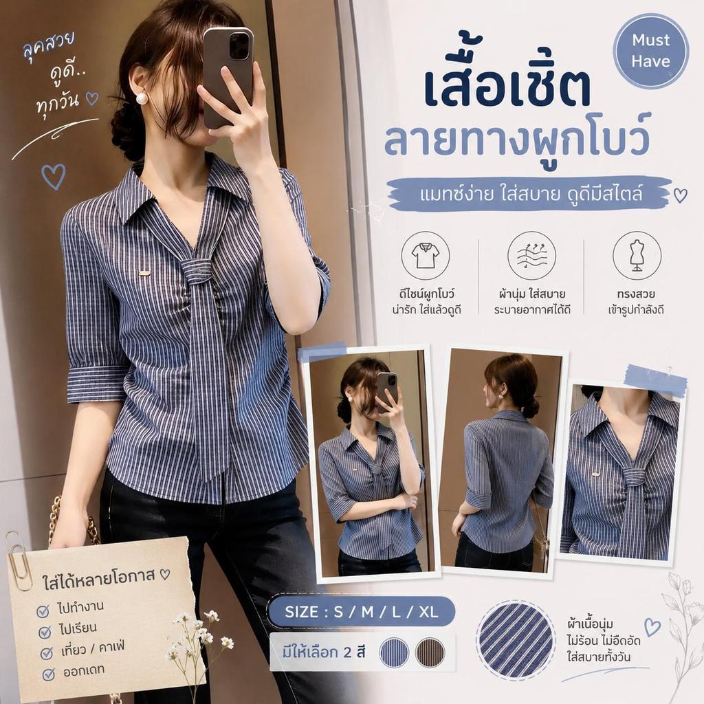 Black#เสื้อเชิ้ตคอปกลายทางพร้อมเนคไท ไซส์ใหญ่ เหมาะสาวอวบ ใส่แล้วดูผอม หลายโอกาส ฤดูร้อน รุ่นw734