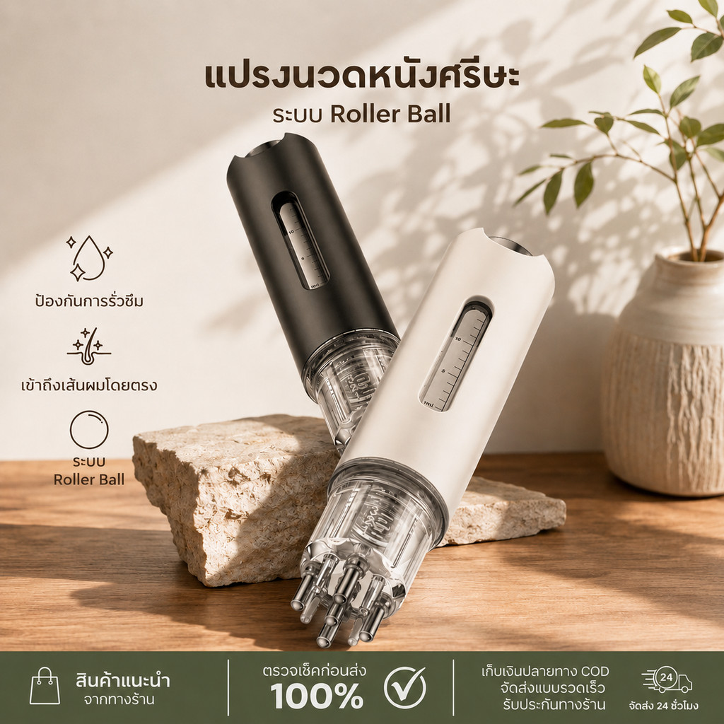 อุปกรณ์ทายาบนหนังศีรษะ 15ml Roller Ball ดีไซน์แบบแปรงนวด ตัวช่วยสำหรับทายาบนหนังศรีษะ
