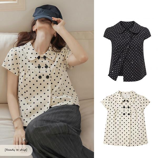 mimi&didi[สินค้าพร้อมส่ง]เสื้อเชิ้ตแขนสั้นคอปกปีเตอร์แพนสีดำลายจุดสำหรับผู้หญิง ทรงเข้ารูปน่ารักหวานแหวว-99471