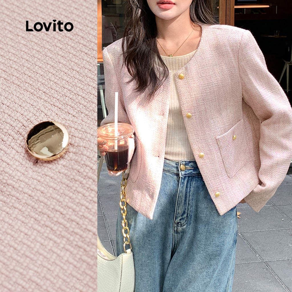 Lovito เสื้อสูทหรู กระเป๋าเข็มขัดกรอบ แขนยาวฤดูใบไม้ร่วง/ฤดูหนาว แจ็คเก็ตสีชมพู L156AD250