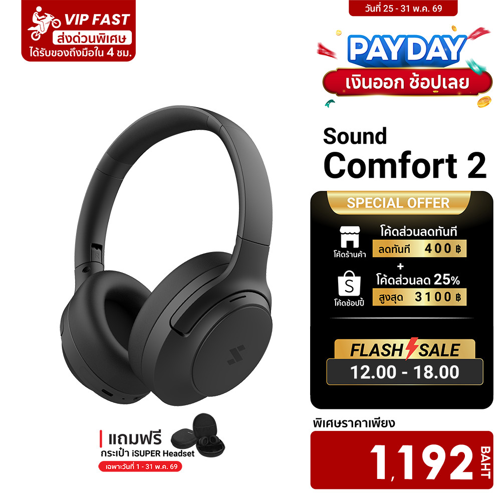 [ลดเหลือ 1192] iSUPER SOUND COMFORT 2 หูฟังครอบหู Headphone ไดร์เวอร์คู่ ANC -56dB ไมค์ 7 ตัว ใช้คู่ GameLink ได้ -1Y