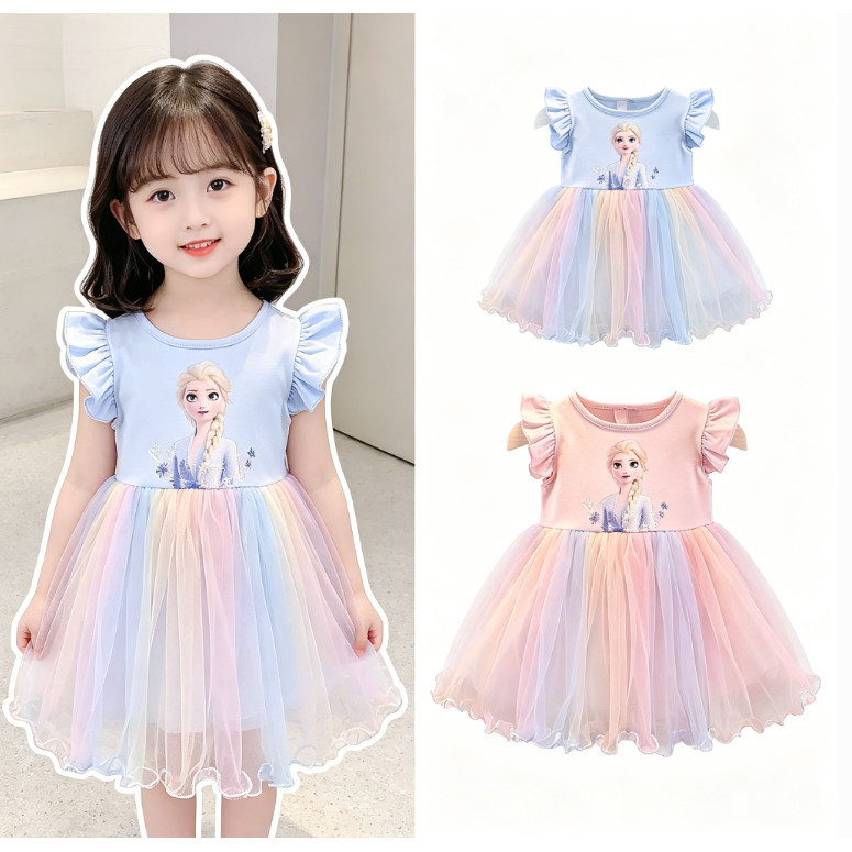 พร้อมส่งทันที80-140 เสื้อผ้าฤดูร้อน ชเดรสเด็กผู้หญิงฤดูร้อนปี2026ลายเอลซ่าหิมะทะนงแขนสั้นสไตล์เจ้าหญิงสวยหรูใส่เที่ยวได้หลายโอกาส