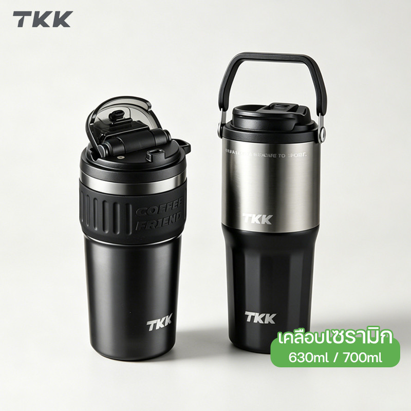 TKK แก้วเก็บอุณหภูมิ 630ml/700ml สแตนเลส 316 เคลือบเซรามิก แก้วกาแฟสุญญากาศ พร้อมหลอด ยกดื่ม 2in1