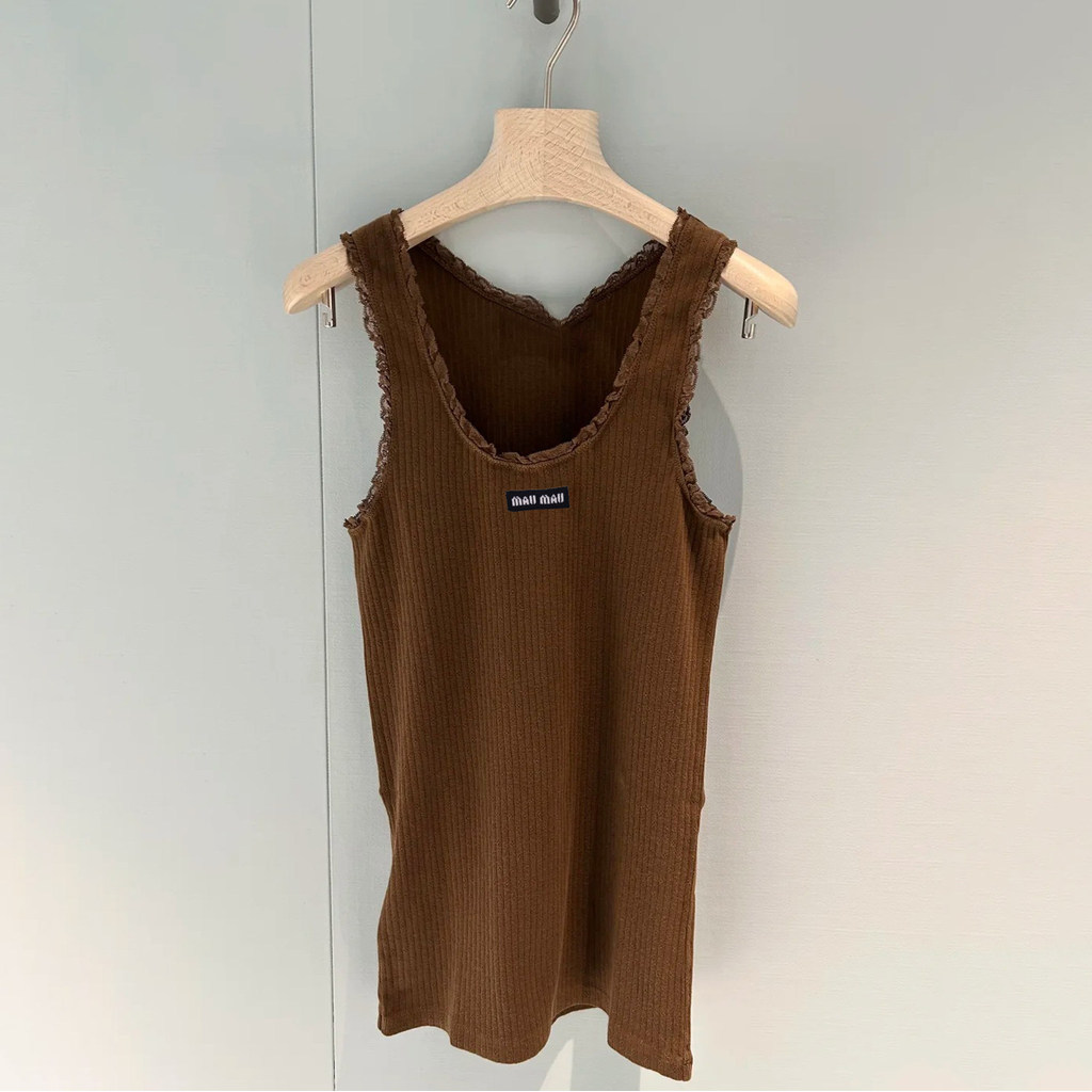 UUFK Mi##iu Women's Clothing2026Spring new casual sleeveless lace slim-fit coffee-colored knitted ve