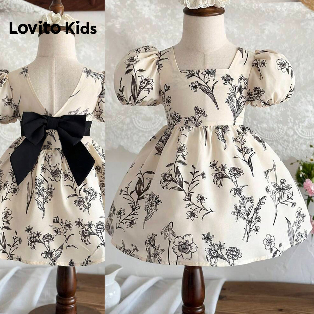 Lovito Kids แคชชวล ชุดเดรสลําลอง แต่งระบาย สําหรับฤดูใบไม้ผลิ/ฤดูร้อน สีดํา สําหรับเด็กผู้หญิง L168LD183