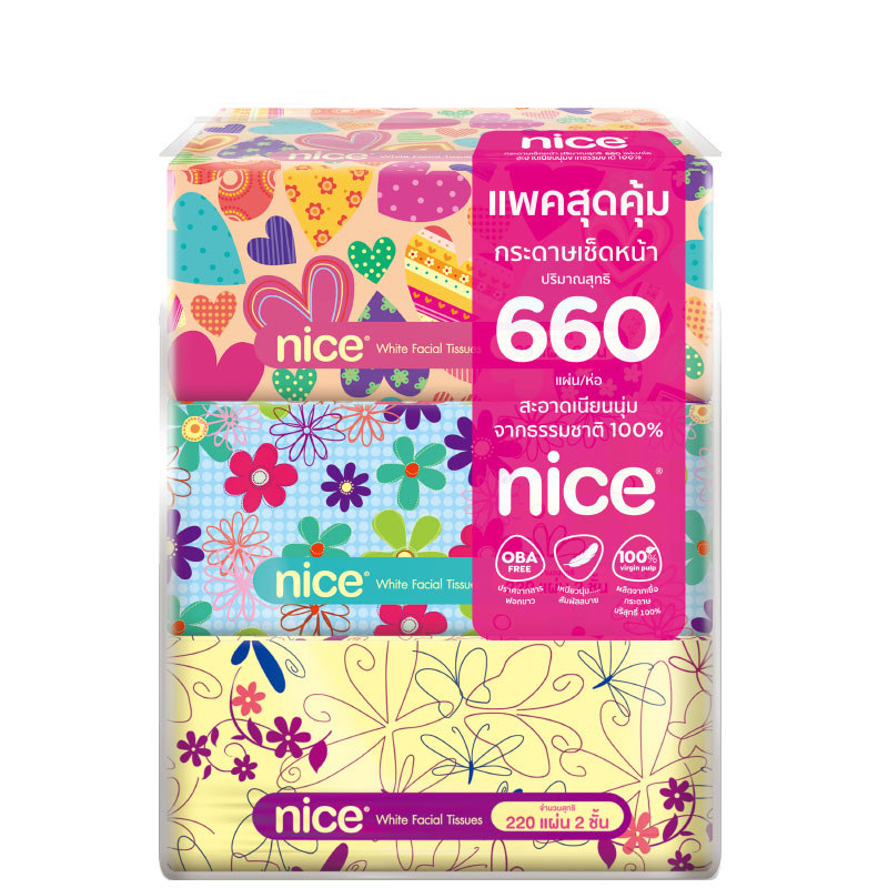 ไนซ์กระดาษเช็ดหน้าซอฟท์แพ็ค 220แผ่น แพค 3 Nice Facial Tissue Soft Pack 220Sheet Pack 3 [หมายเลขบาร์โค้ด 8859411300955 ]