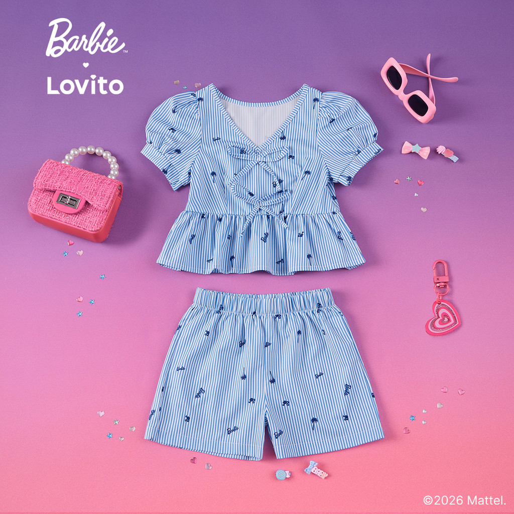 Barbie × Lovito Kids طقم بنات قميص وشورت أزرق — صورة 3