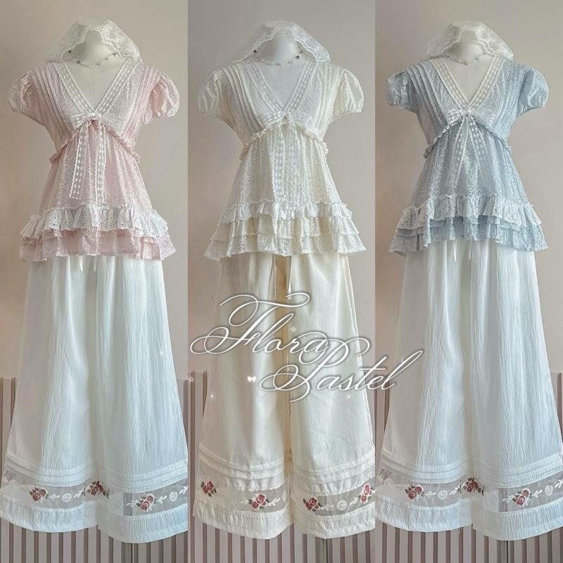 Flora pastel เสื้อแขนตุ๊กตา กางเกงทรงกระบอกลูกไม้