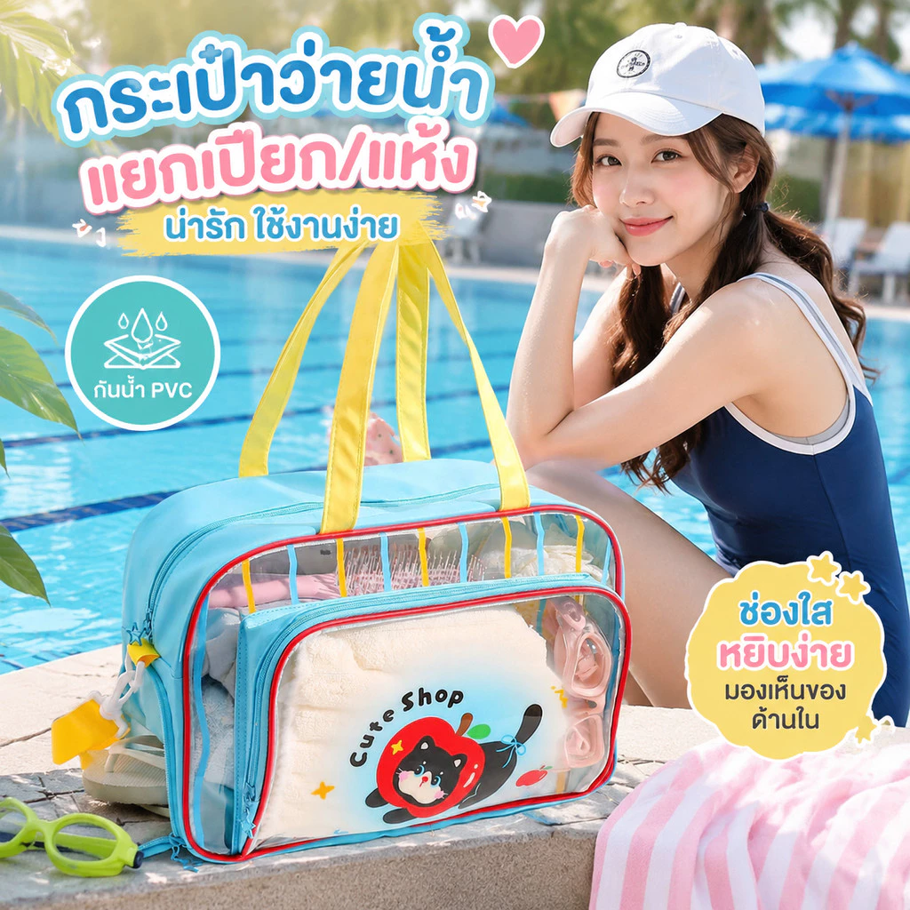 กระเป๋าว่ายน้ำ วัสดุ PVC แยกแห้งเปียก กระเป๋าคู่ แยกช่องรองเท้า ลายการ์ตูนน่ารัก กระเป๋าฟิตเนส