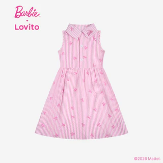 (New Arrival) Barbie™ X Lovito Kids ชุดเดรสสีชมพูเด็กผู้หญิง ฤดูใบไม้ผลิ/ร้อน ทรงปลายขาเข่า ปักลายและกระดุม เกาหลี อินเทรนด์ LBL5AD030