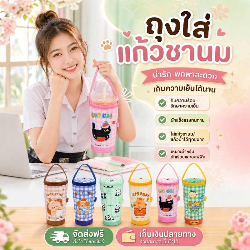 COD อุปกรณ์พกถ้วยชานม ถุงฉนวนเก็บอุณหภูมิ กระเป๋าขวดน้ำกันน้ำ มีสายสะพาย ใช้ได้ทั้งในและกลางแจ้ง