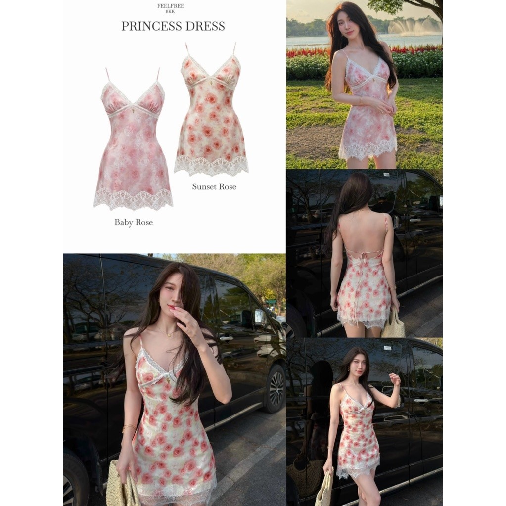 Princess Dress 1090.- เดรสสั้นผูกหลังเข้ารูป ลายดอกไม้ ผ้าชีฟองพรีเมียมมีซับในทั้งตัว