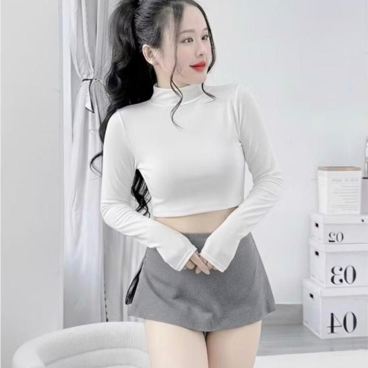 AC21p เสื้อยืดแขนยาวผู้หญิงคอปก CROPTOP และแขนยาว ไซส์ต่ํากว่า 53kg