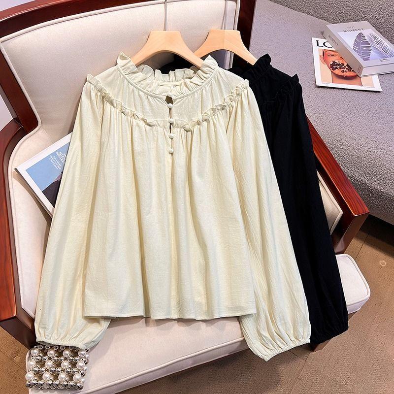 เสื้อเบลาส์ผู้หญิงสไตล์ฝรั่งเศสย้อนยุคพร้อมคอกลมใหม่
