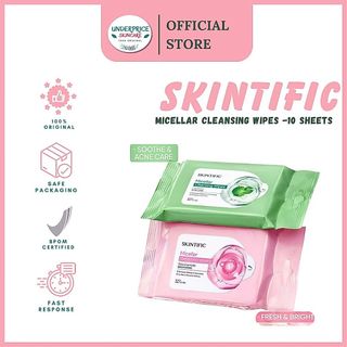 SKINTIFIC - Micellar Cleansing Wipes - 10 Sheets | -Cleansing Tissue Makeup Remover Wipes Niacinamide Brightening &