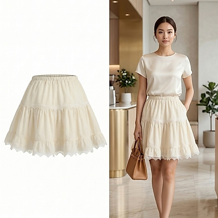 กระโปรงสั้นเอวยางยืด สีครีม แต่งลูกไม้ ด้านในมีซับใน