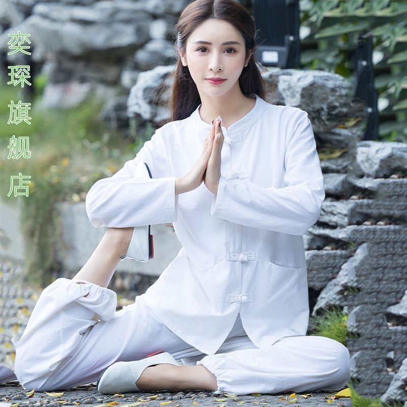 棉瑜伽服上衣春夏新款太极服晨练上衣纯色大码宽松禅意茶服Tai Chi practice clothes, martial arts clothes, and Tai Chi costumes for 