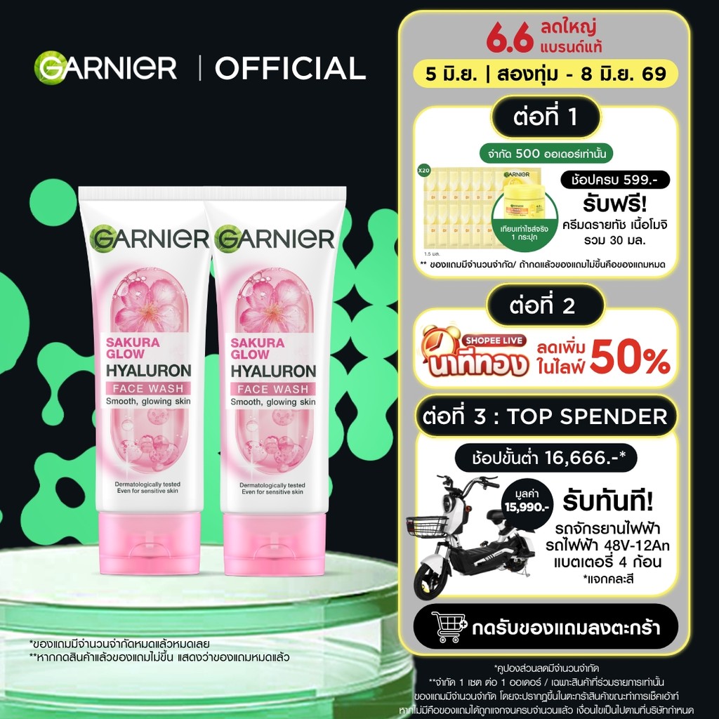 การ์นิเย่ ซากุระ โกลว์ ไฮยาลูรอน คลีนซิ่ง โฟม 100 มล.x2 GARNIER CLEANSING FOAM (โฟมล้างหน้า,คลีนซิ่ง)