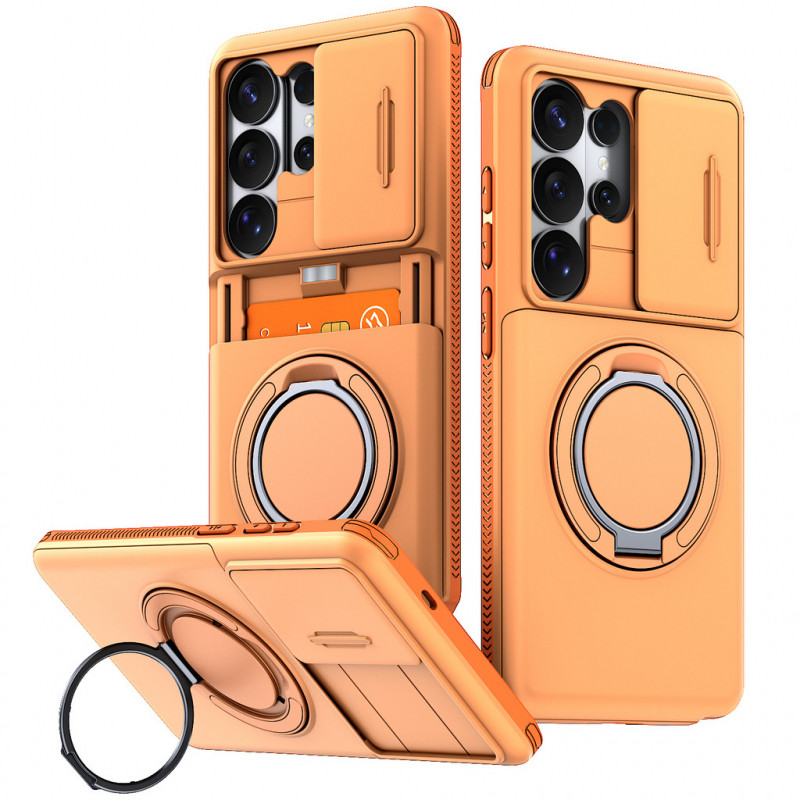 SAMSUNG 360° หมุนแม่เหล็กวงเล็บสไลด์เลนส์ป้องกันกรณีสําหรับSamsung S26 Ultra Plus S25FE S25 Ultra S24 S23 S22 Ultra Plusในตัวผู้ถือบัตรHardทนทานเกราะปก