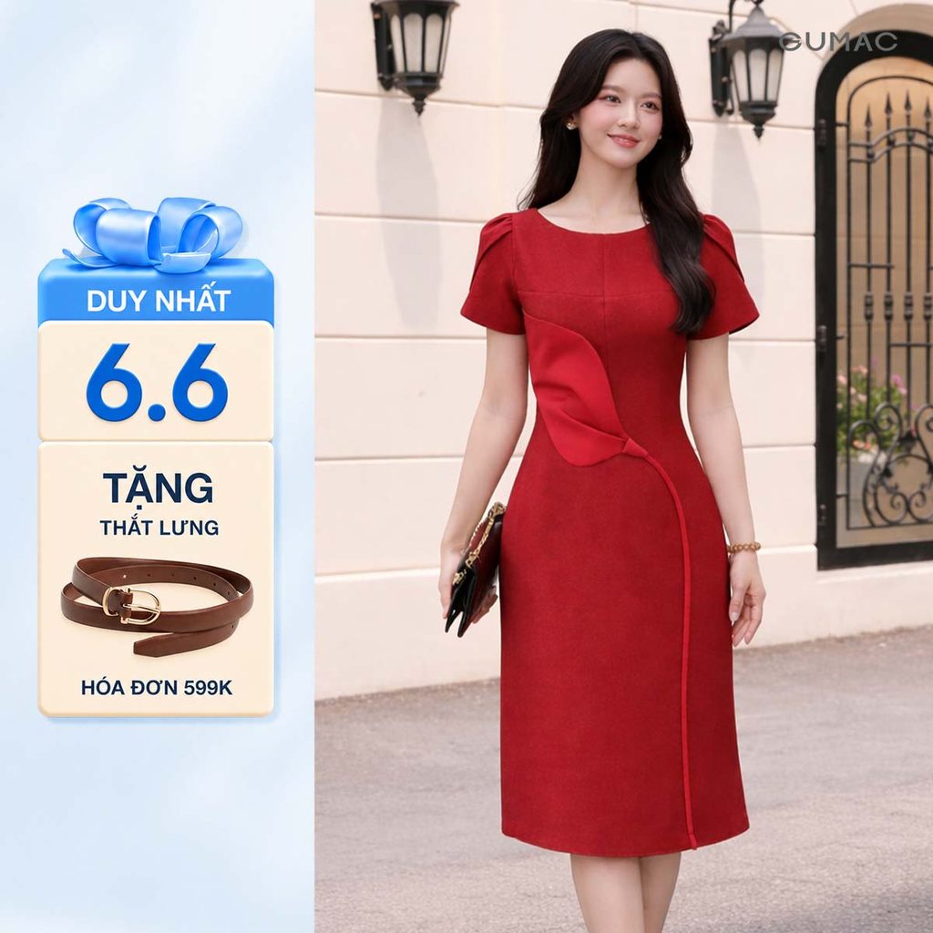 GUMC ชุดเดรสคอเรือ A-Line สําหรับผู้หญิงแขนกลีบสีชมพูมีสไตล์ไม่มีกระเป๋า LDF1008