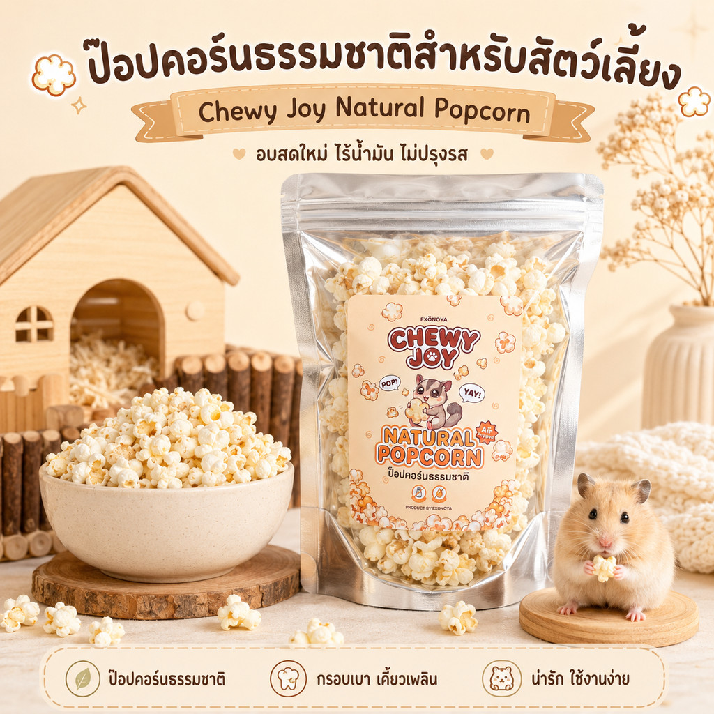 [Chewy joy] ป็อปคอร์นธรรมชาติ (Natural Popcorn) อบสดใหม่ ไร้น้ำมัน ไม่ปรุงรส ขนมแฮมสเตอร์ กระรอก ชูการ์