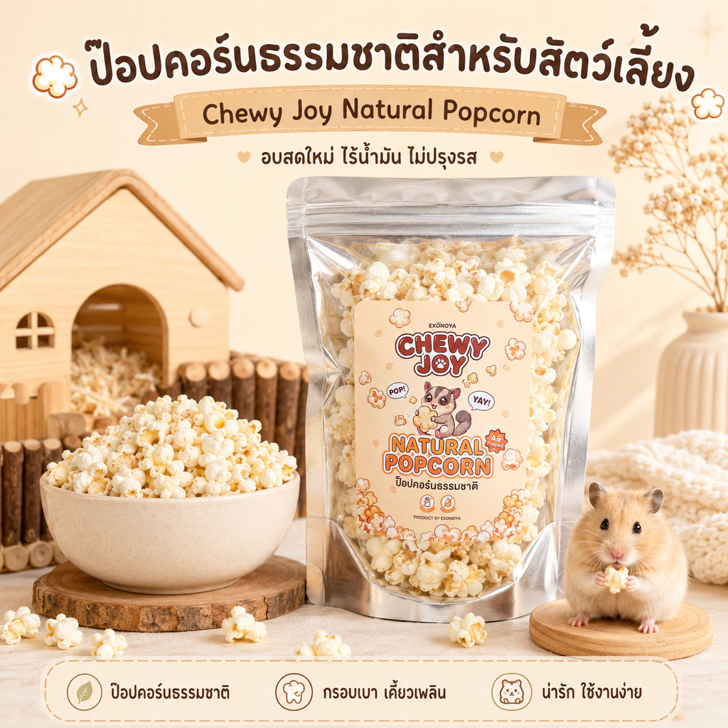 [Chewy joy] ป็อปคอร์นธรรมชาติ (Natural Popcorn) อบสดใหม่ ไร้น้ำมัน ไม่ปรุงรส ขนมแฮมสเตอร์ กระรอก ชูการ์
