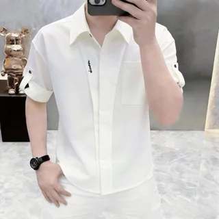 ฤดูร้อนผ้าฝ้ายปกแขนสั้นเสื้อกลางผู้ชายที่เรียบง่ายอเมริกันย้อนยุคทุกการแข่งขันสบายๆสามไตรมาสแขนเสื้อโดยรวมเสื้อ