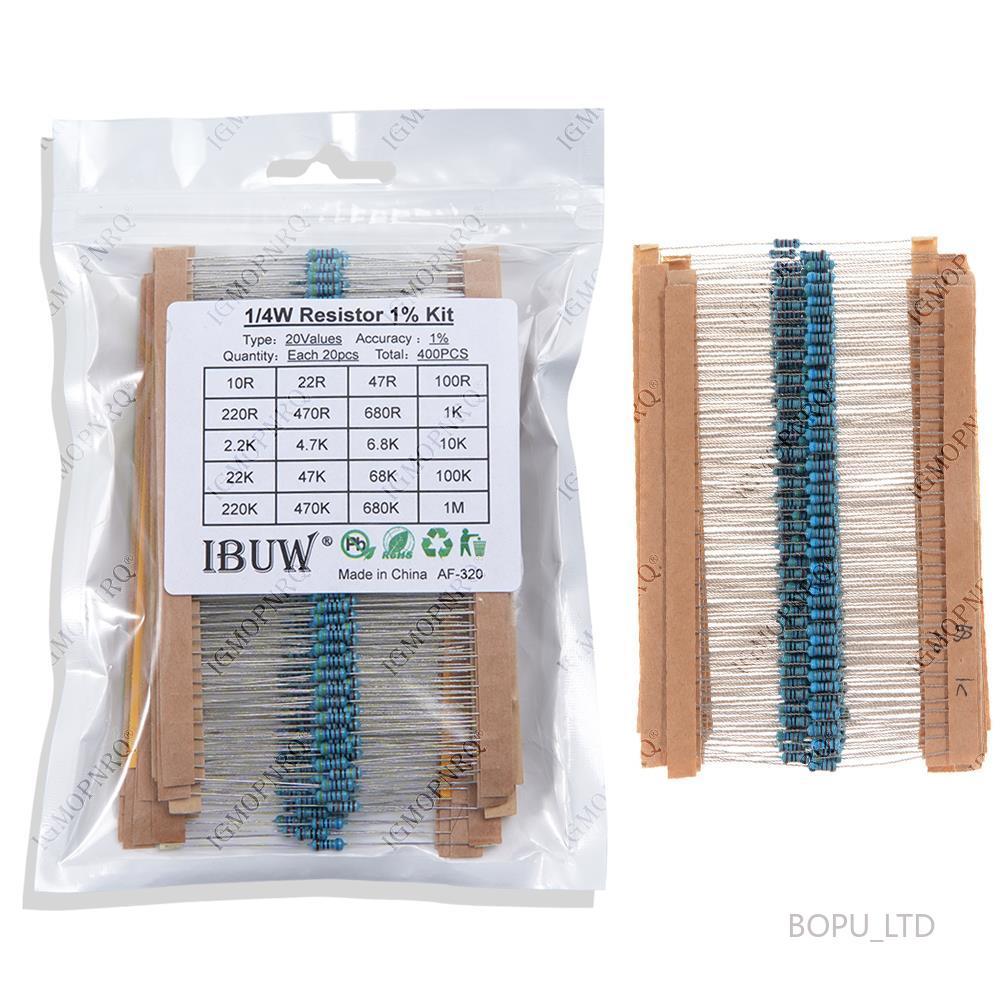 400 ชิ้น/ล็อต 1/4W โลหะฟิล์ม Resistor Assortment Kit 10ohm - 1M โอห์ม 1% ชุดต้านทาน 1K/10K/4.7K/470/