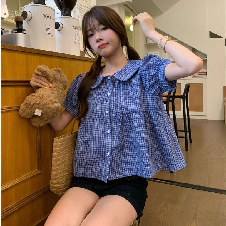 พร้อมส่ง เสื้อเชิ้ตตาหมากรุกเกาหลี แขนสั้นน่ารัก ใส่สบายLovely Look