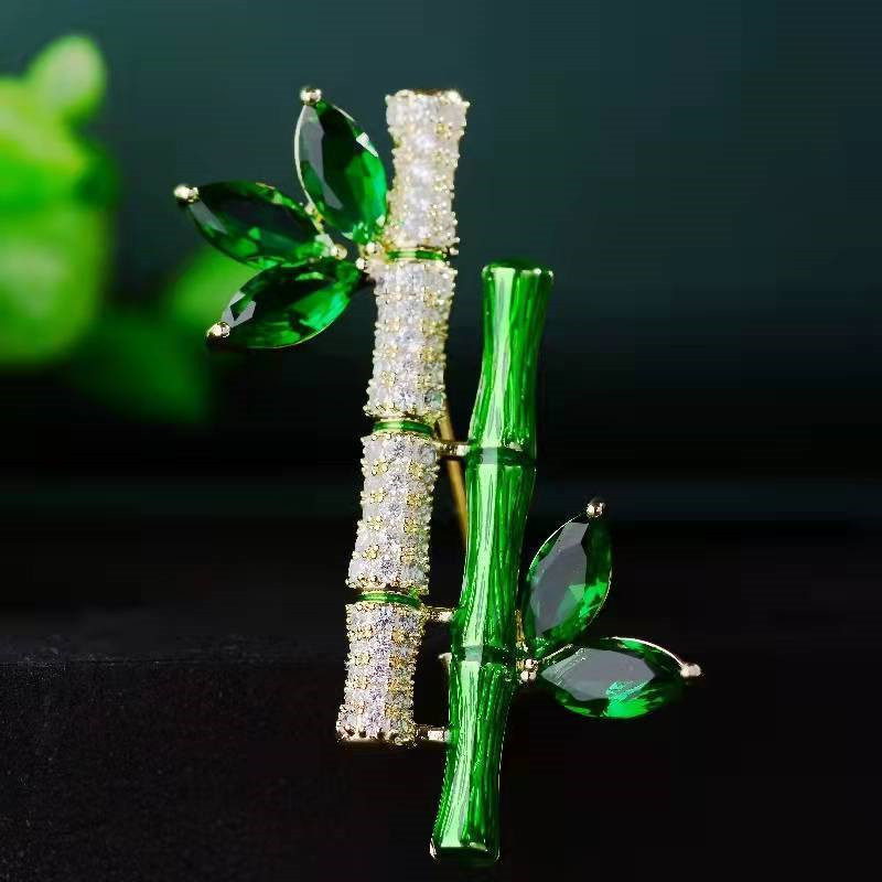 Ping An เข็มกลัดไม้ไผ่ Node Rise Emerald คริสตัลโบราณคลาสสิก Classy Corsage Cheongsam คอโบราณ Match