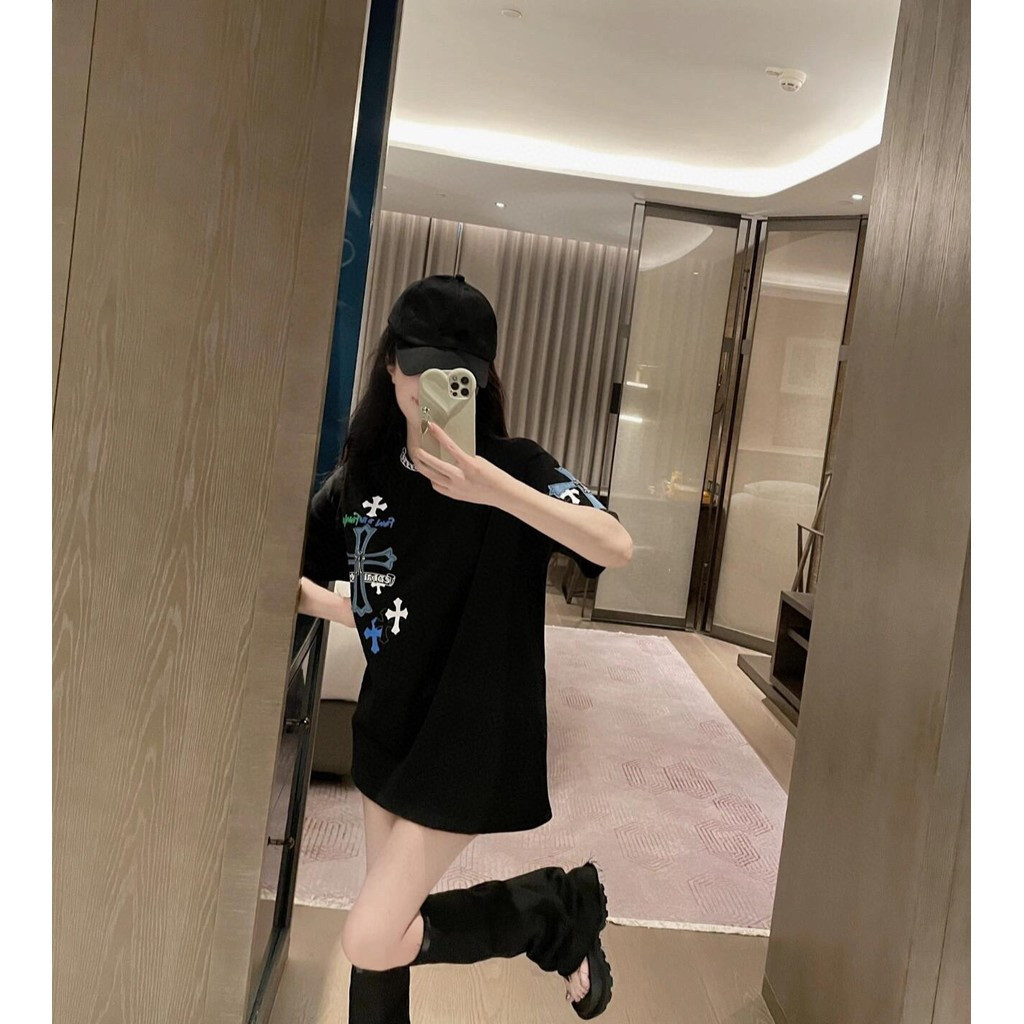 Chrome Hearts รุ่นเคาน์เตอร์แขนสั้นเสื้อยืดคู่สไตล์ภายในไหล่แท้หนักสไตล์ใหม่ 2025 ฤดูใบไม้ร่วงรอบคอฤ
