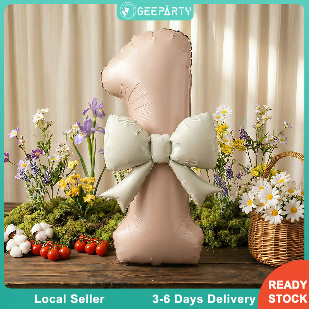 GeeParty ลูกโป่งตัวเลขฟอยล์ สีคาราเมล 2 ชิ้น พร้อมโบว์ฟอยล์สีครีม ของตกแต่งวันเกิด งานปาร์ตี้ ถ่ายรูปสวย อุปกรณ์จัดงานวั