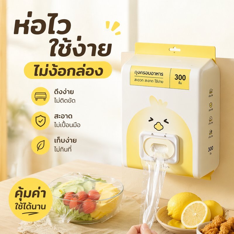 ถุงครอบอาหาร ฟิล์มห่ออาหาร พลาสติกคลุมอาหาร ใช้แล้วทิ้ง ติดผนัง ดึงออกง่าย ถนอมอาหาร กันฝุ่น