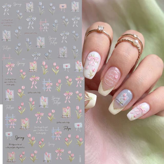 HAMA 5D นูนเล็บสติกเกอร์กระต่ายน่ารัก Tulip เห็ด Self-Adhesive Decals 3D บรรเทาลูกไม้โบว์ดอกไม้เล็บ Sliders Coquette Fairycore ตกแต่งเล็บ