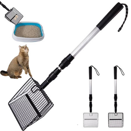 Cat Litter Shovel Scoop ขยายด้ามยาวโลหะ Cat Litter Scoop - สีดํา/เศษไม้