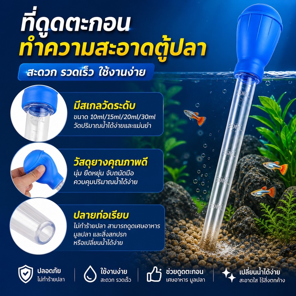 ที่ดูดน้ำตู้ปลาแบบมือบีบ ดูดเศษอาหาร มูลปลา สิ่งสกปรกเร็ว มีสเกลวัดน้ำ เหมาะกับตู้ปลา ใช้ง่ายมาก