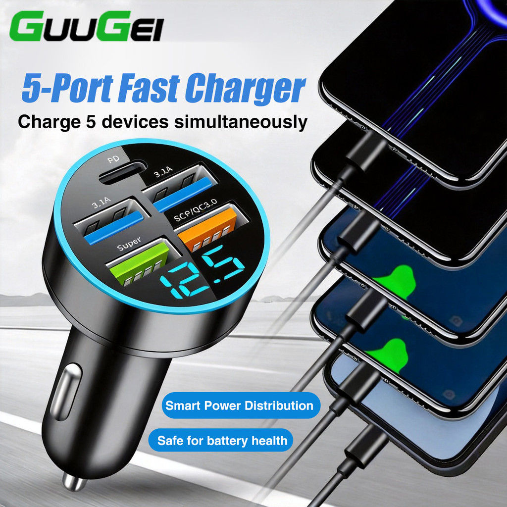 Guugei 6 พอร์ต USB Car Charger QC3.0 Quick Car Charger Adapter โทรศัพท์ USB C Charger