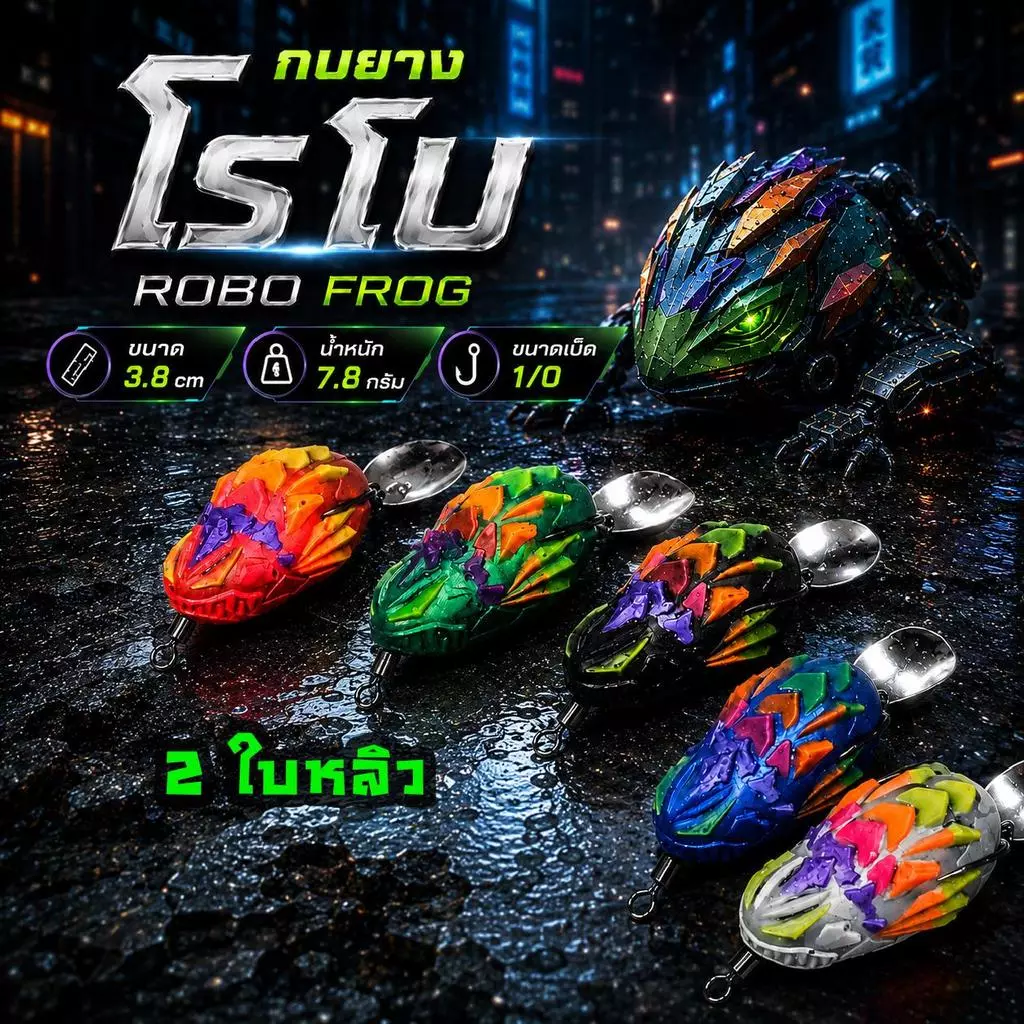 WOLF กบยาง โรโบ robo ขนาด 3.8cm 7.8 กรัม เบ็ด 1/O ตกปลา ช่อน ชะโด ใบหลิว 2 ใบ