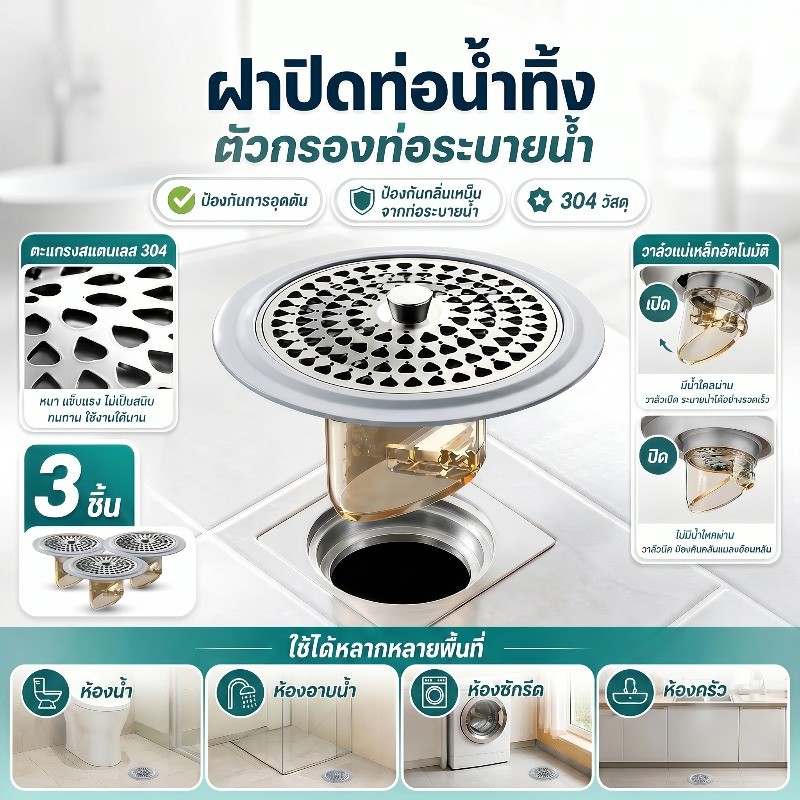 ฝาปิดท่อน้ำทิ้ง ตัวกรองท่อระบายน้ํา 3Pcs 304 วัสดุ ป้องกันกลิ่นเหม็นจากท่อระบายน้ำ ป้องกัน การอุดตัน