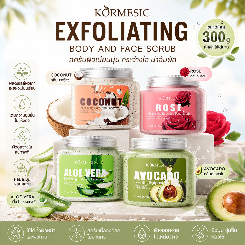 สครับหน้าเนียน ผิว คาร์เมซิก Kormesic สครับสำหรับผิวหน้าและผิวกายที่มีส่วนผสมของอะโวคาโด และกุหลาบ 300g