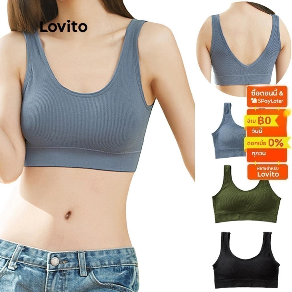 Lovito เสื้อชั้นในแบบแคชชวล ไร้ตะเข็บ ระบายอากาศได้ดี ไม่มีโครง ไร้แผ่นรองถอดได้ ทรงคอยู สำหรับผู้หญิง L23LD072