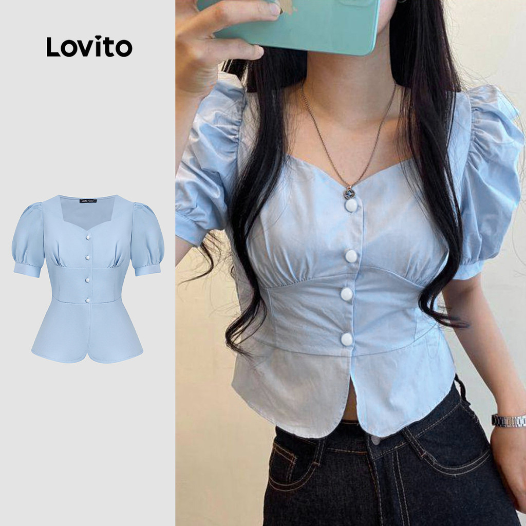 Lovito เสื้อเชิ้ตผู้หญิงลําลอง สไตล์พลีท สีฟ้า สําหรับฤดูใบไม้ผลิ/ฤดูร้อน L171ED141