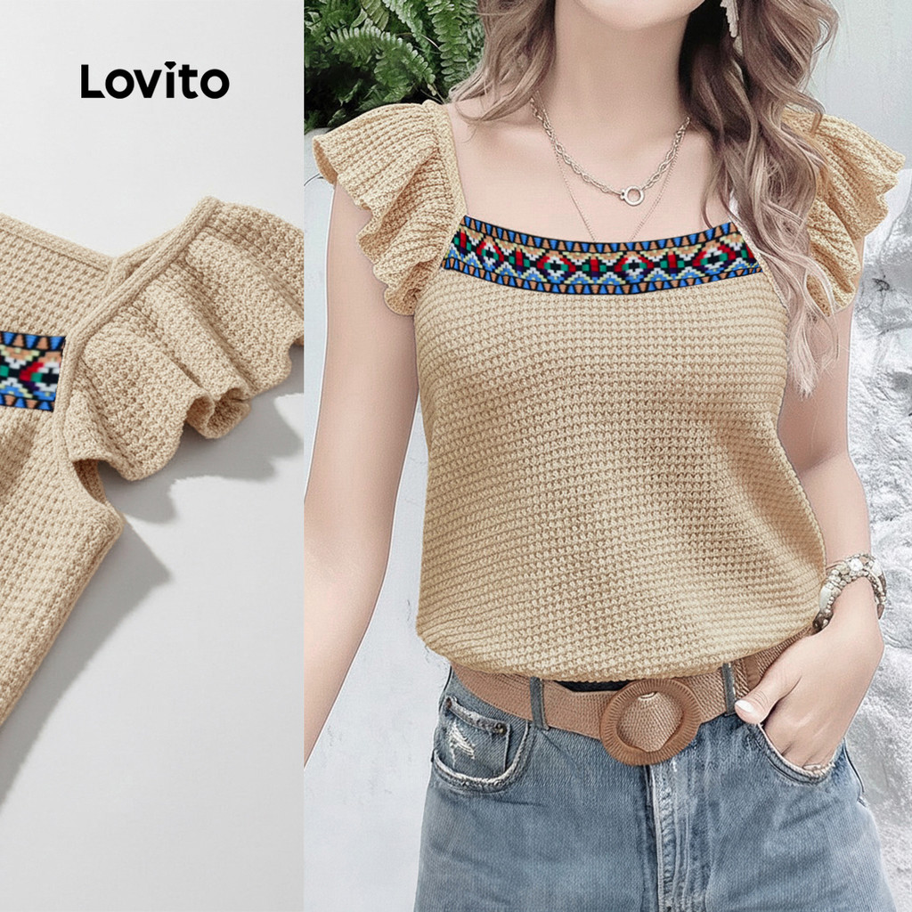 Lovito เสื้อเบลาส์ลําลองลายพิมพ์ตกแต่งระบายสําหรับฤดูใบไม้ผลิ/ฤดูร้อน สีแอปริคอตสําหรับผู้หญิง LK5LD1116