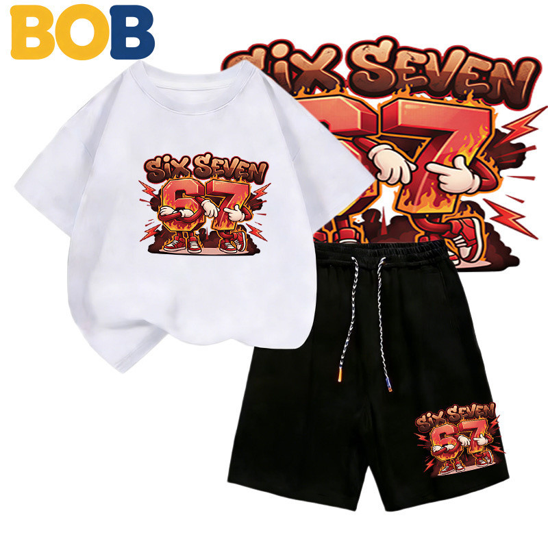 TM [พร้อมส่ง] ชุดเด็กชายkidsเสื้อยืดเด็ก67ลวดลายพิมพ์ เสื้อยืดเด็ก คอตตอน ชุดสูทเด็กผู้ชาย ชุดลำลอง 