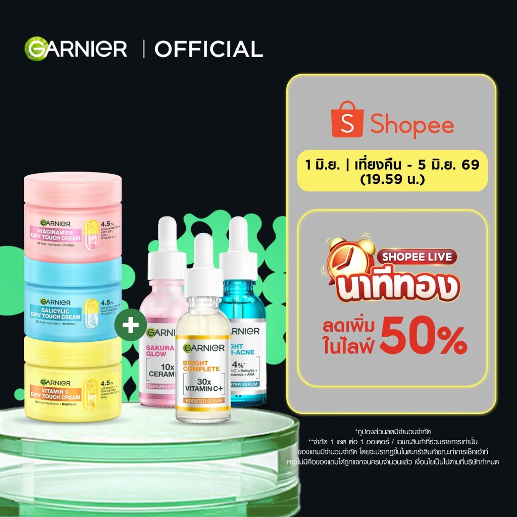 [เซตสุดคุ้ม] ซาลิไซลิคดรายทัชครีม + เซรั่ม 30มล. Garnier, ครีมบำรุงผิวหน้า ครีมทาหน้า ครีมโมจิผิวเด้งนุ่มกระจ่างใส