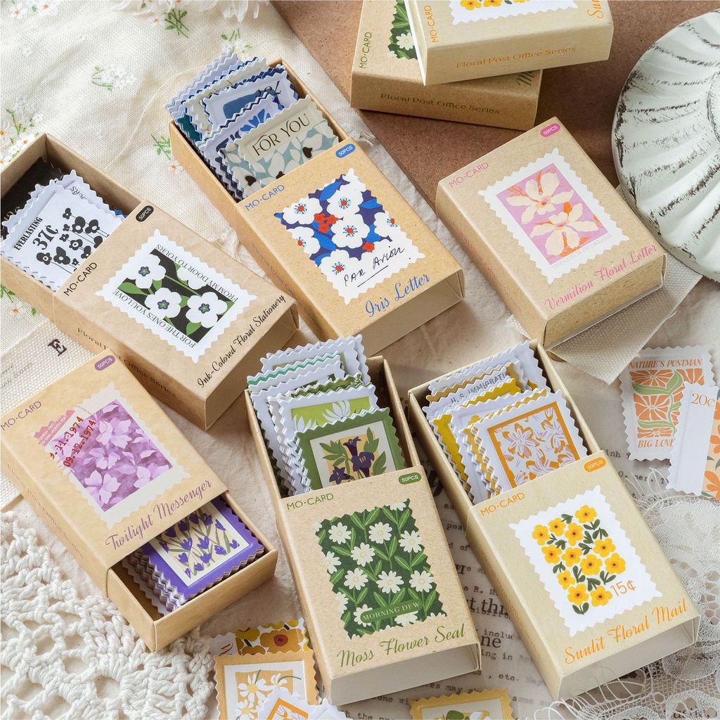 ไดลี่|50 ชิ้น/กล่องนูน Letterpress แสตมป์สติกเกอร์ Retro ดอกไม้ Matchbox คู่มือตกแต่งวัสดุสติกเกอร์นักเรียนคู่มือ Collage วัสดุ