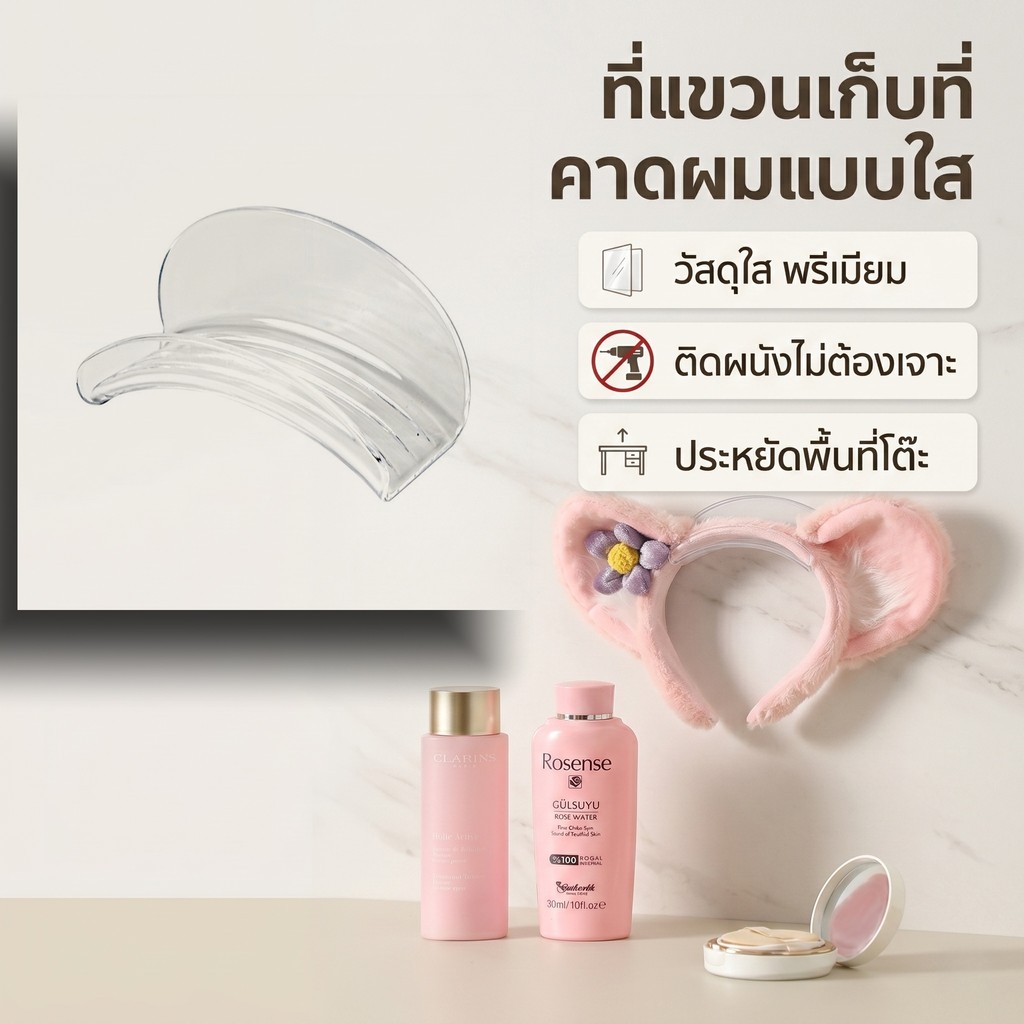 [แพ็ค 2 ชิ้น] ที่แขวนเก็บที่คาดผม ที่แขวนติดผนัง แบบใส ไม่ต้องเจาะ ช่วยประหยัดพื้นที่ จัดเก็บง่าย